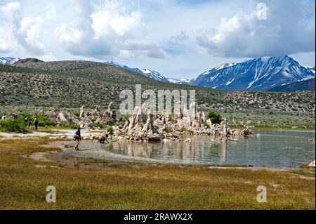 Tufas et l'eau en retrait avec les montagnes de la Sierra Nevada en arrière-plan à Mono Lake, Californie, États-Unis Banque D'Images