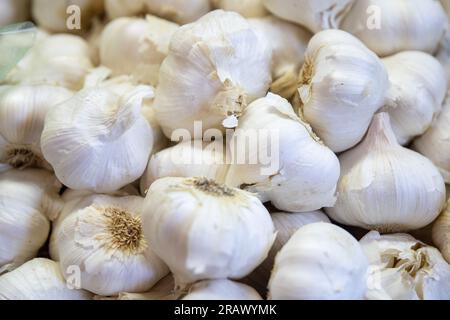 Bouquet de bulbes d'ail empilés dans un marché Banque D'Images