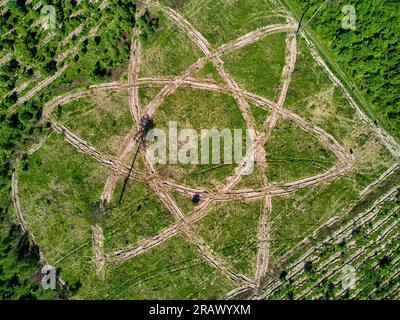 Géoglyphe sous la forme d'un symbole atomique, un contour où les arbres sont plantés, vue aérienne. District de la ville de Balabanovo, Russie. Juin 2021 Banque D'Images