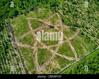 Géoglyphe sous la forme d'un symbole atomique, un contour où les arbres sont plantés, vue aérienne. District de la ville de Balabanovo, Russie. Juin 2021 Banque D'Images