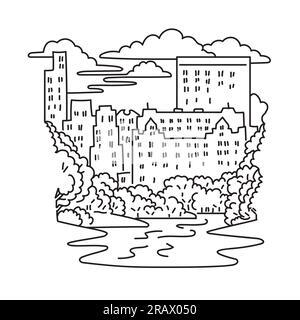 Illustration mono ligne de Central Park avec l'étang et Midtown Manhattan en arrière-plan à New York City aux États-Unis d'Amérique USA fait Banque D'Images