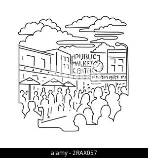 Illustration mono ligne du marché de Pike place surplombant le front de mer Elliott Bay sur Puget Sound dans le centre-ville de Seattle, Washington aux États-Unis Banque D'Images