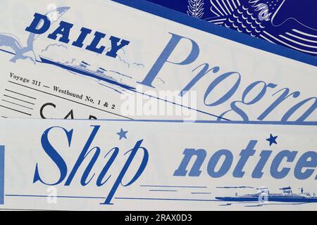 Photo du programme quotidien et des avis de navire, SS United States, Passenger Liner, janvier 1966 Banque D'Images