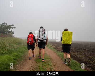 4 juin 2023, près d'Olveiroa, Espagne : une famille est vue en randonnée ensemble un jour très brumeux. Le Camino de Santiago (le chemin de St. James) est un vaste réseau d'anciennes routes de pèlerins qui s'étendent à travers l'Europe et se rejoignent sur la tombe de Saint James (Santiago en espagnol) à Santiago de Compostelle, Espagne. Finisterre était à la fois la fin du monde connu jusqu'à ce que Colomb change les choses et la destination finale de nombreux pèlerins qui ont fait le voyage à Santiago au cours des siècles passés. Les pèlerins des siècles passés ont également continué vers le nord jusqu'au Santuario de Nuestra SeÃ±Ora de la Ba Banque D'Images