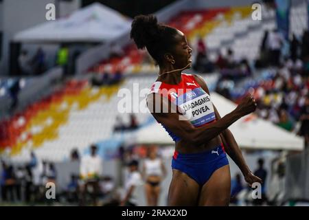 San Salvador, El Salvador. 05 juillet 2023. Liadagmis Povela de Cuba effectue un triple saut lors des Jeux latino-américains et Caraïbes à San Salvador, au Salvador. Crédit : SOPA Images Limited/Alamy Live News Banque D'Images