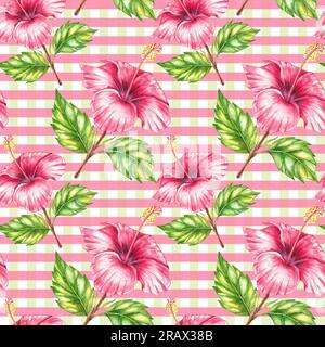 Motif hibiscus fleurs rouges sur fond blanc. Motifs floraux sans couture, dessinés à la main avec des éléments aquarelles pour la conception de textiles, tissus, Banque D'Images