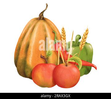 Composition de citrouilles, pommes, paprika, piment et épillets. Illustration à l'aquarelle. Récolte d'automne. Délicieux légume mûr. Nourriture crue végétarienne Banque D'Images