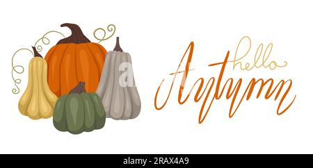 Citation bonjour automne. Bannière d'automne confortable avec légumes en pile et inscription calligraphique. Carte vectorielle horizontale avec composition de citrouilles Illustration de Vecteur