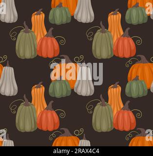 Motif vectoriel rustique avec composition de citrouilles sur un fond gris foncé. Texture confortable d'automne avec pile de légumes. Arrière-plan rural Illustration de Vecteur