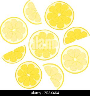 Illustration couleur de tranches de citron frais. Illustration vectorielle de coupes fraîches d'agrumes de neuf morceaux de citron. Image de salade de fruits d'été de tranches de citron Illustration de Vecteur