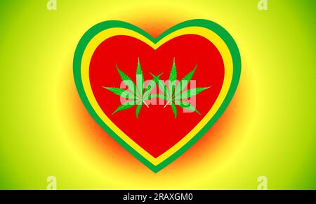Fasciné par l'illustration de marijuana de coeur de ligne avec une feuille de marijuana. Illustration de coeur de feuille de cannabis avec icône conceptuelle. Banque D'Images