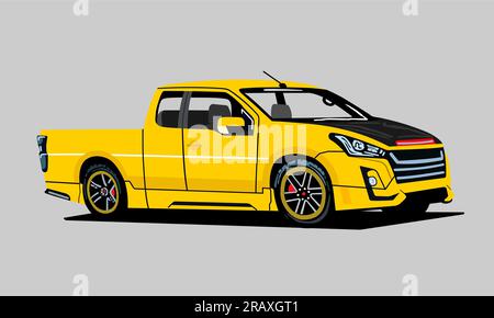 Camionnette jaune montrant vue avant et latérale, style plat de conception, illustration vectorielle. Banque D'Images