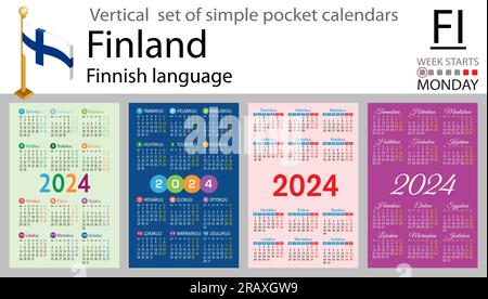 Ensemble vertical finlandais de calendrier de poche pour 2024 (deux mille vingt-quatre). La semaine commence lundi. Nouvel an. Conception simple de couleur. Vecteur Illustration de Vecteur