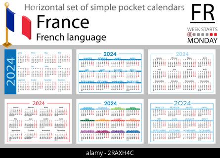 Jeu horizontal français de calendrier de poche pour 2024 (deux mille vingt-quatre). La semaine commence lundi. Nouvel an. Conception simple de couleur. Vecteur Illustration de Vecteur