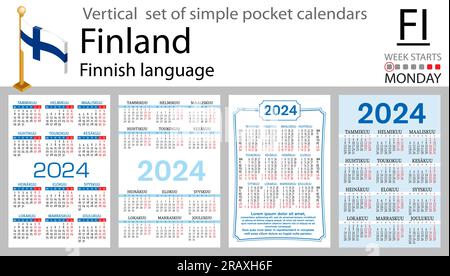 Ensemble vertical finlandais de calendrier de poche pour 2024 (deux mille vingt-quatre). La semaine commence lundi. Nouvel an. Conception simple de couleur. Vecteur Illustration de Vecteur