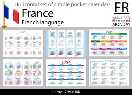 Jeu horizontal français de calendrier de poche pour 2024 (deux mille vingt-quatre). La semaine commence lundi. Nouvel an. Conception simple de couleur. Vecteur Illustration de Vecteur