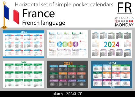 Jeu horizontal français de calendrier de poche pour 2024 (deux mille vingt-quatre). La semaine commence lundi. Nouvel an. Conception simple de couleur. Vecteur Illustration de Vecteur