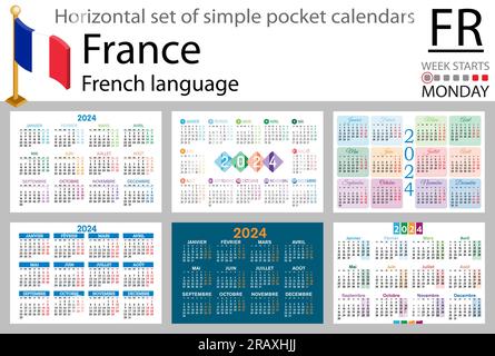 Jeu horizontal français de calendrier de poche pour 2024 (deux mille vingt-quatre). La semaine commence lundi. Nouvel an. Conception simple de couleur. Vecteur Illustration de Vecteur