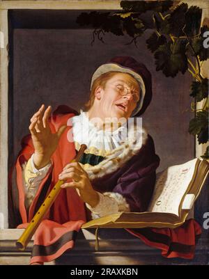 Gerard van Honthorst, flûtiste chantant, peinture à l'huile sur toile, vers 1623 Banque D'Images