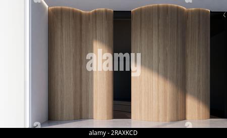 Chambre vide moderne avec lattes verticales en bois. rendu d'illustration 3d. Banque D'Images
