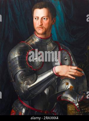 Cosimo Ier de Médicis (1519-1574), deuxième duc de Florence (1537-1569), premier grand-duc de Toscane (1569-1574), en armure complète, portrait à l'huile sur panneau par Agnolo Bronzino, vers 1545 Banque D'Images