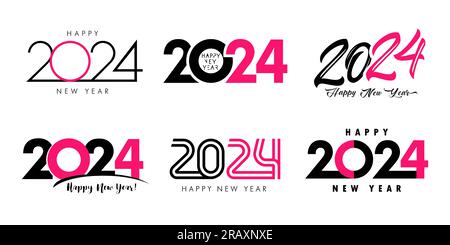 Grand ensemble de 2024 logo rose conception de texte Happy New Year. Typographie de modèle pour carte de voeux, bannière de célébration ou affiche. Illustration vectorielle Illustration de Vecteur