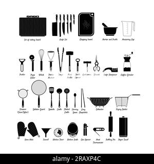 Outils de cuisine ensemble silhouette vecteur plat. Icône d'ustensiles de cuisine sur fond blanc pour concept de cuisine. Gadgets de cuisine. Ustensiles de cuisine Illustration de Vecteur