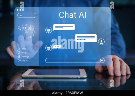 Ai chat bot conversation utilisant la technologie de l'intelligence artificielle pour répondre à l'utilisateur. Assistant virtuel Chatbot, Generative ai, support client. Personne t Banque D'Images