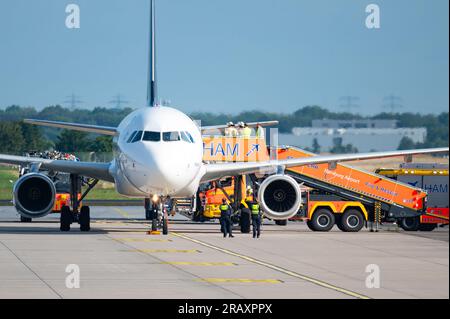 Hambourg, Allemagne. 06 juillet 2023. Des camions de pompiers et du personnel d'urgence se tiennent à côté de l'avion stationné sur le terrain d'aviation. En raison d'un poêle à fumer, un avion en route pour Istanbul a atterri à Hambourg peu après le décollage. Un porte-parole de Turkish Airlines a confirmé jeudi matin à Deutsche presse-Agentur que l'Airbus A 321 devait faire demi-tour et atterrir à Hambourg en raison d'un "problème technique". Crédit : Jonas Walzberg/dpa/Alamy Live News Banque D'Images