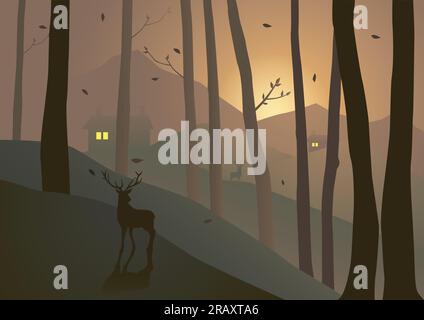 Illustration des bois sur les collines au coucher du soleil ou au lever du soleil Illustration de Vecteur