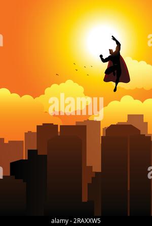 Silhouette de dessin animé d'un super-héros volant sur le paysage urbain Illustration de Vecteur