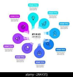 Modèle infographique avec icônes et 8 options ou étapes. Cercle abstrait. Peut être utilisé pour la mise en page de flux de travail, diagramme, bannière, webdesign. Illustration vectorielle Illustration de Vecteur