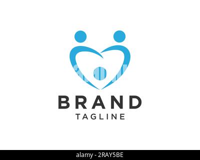 Logo abstrait Family Care. Icône de coeur monoline bleu avec combinaison de symbole de personnes isolé sur fond blanc. Modèle de conception de logo vectoriel de ligne plate Illustration de Vecteur