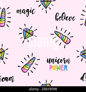 Conception de motif licorne avec des cornes licorne et des diamants - drôle doodle dessiné à la main, motif sans couture. Lettrage affiche ou t-shirt design graphique textile Illustration de Vecteur