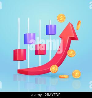 graphique des actions de croissance de vecteur 3d avec des éléments de monnaie de monnaie, des faisceaux en déclin et en hausse, excellent graphique d'affaires d'investissement. convient aux entreprises et aux prés Illustration de Vecteur