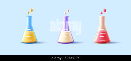 Ensemble d'équipement de laboratoire de triangles de verre avec liquide coloré, icône de rendu 3d, poison ou médicament Illustration de Vecteur