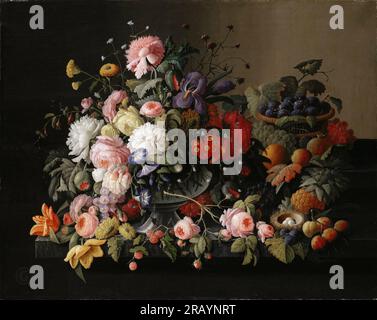 Severin Roesen - nature morte : fleurs et fruits Banque D'Images