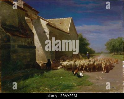 Charles-Émile Jacque, français, 1813-1894 -- le mouton quitte une ferme 1860. Banque D'Images