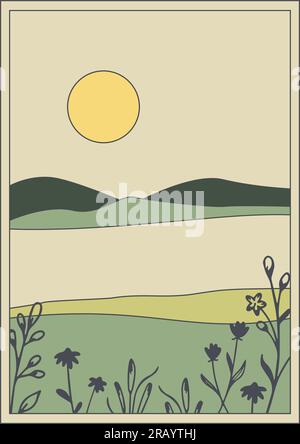Paysage ensoleillé avec montagnes et vallée de prairie. Illustration de Vecteur