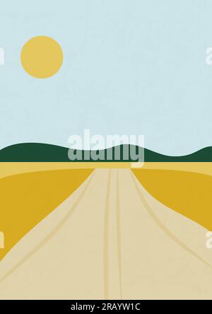 Paysage rural d'été, champ de blé mûr, panorama forestier sur fond. Illustration de Vecteur