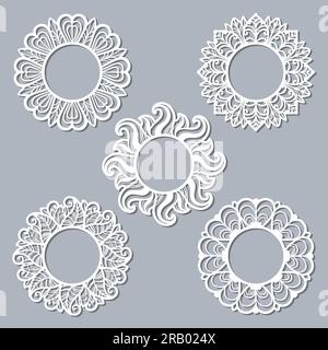 Ensemble de cadres floraux ronds. Gabarit pour découpe laser de papier, bois, métal. Pour la conception de cartes postales, cadres, décorations, pochoirs, scrapbooking Illustration de Vecteur
