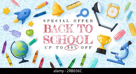 Back to School concept bannière avec fond de doodle et éléments de dessin animé 3D. Modèle vectoriel Illustration de Vecteur