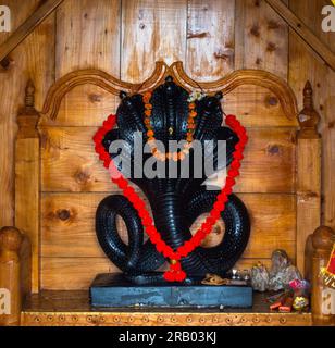 28 juin 2023, Nagthat, Uttarakhand, Inde. La divinité hindoue Nag Devta ou le Dieu serpent figure en pierre noire dans un temple avec un intérieur en bois. Banque D'Images