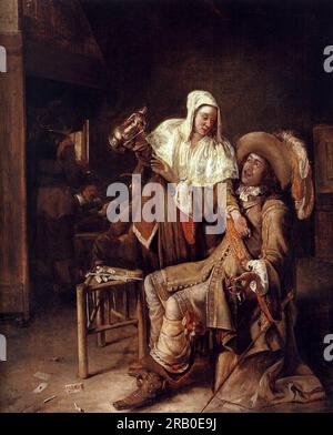 Scène de taverne avec une femme de ménage essayant de remplir le verre d'un cavalier (le verre vide) 1652 par Pieter de Hooch Banque D'Images