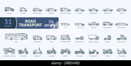 Pack d'icônes de véhicules routiers. Jeu d'icônes de ligne fine. Icônes vectorielles simples Illustration de Vecteur