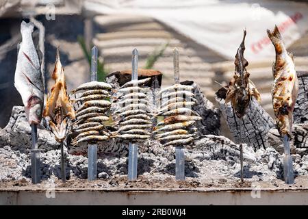 Poissons, sardines et bar, sur brochettes cuisant sur un barbecue au feu de bois en plein air. Le barbecue, dans un bateau, est sur la plage de la Costa Del sol, Espagne Banque D'Images