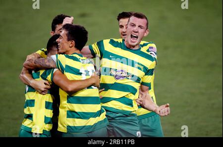 21 OCTOBRE 2017 - ST. PETERSBURG, FLORIDE : Neill Collins célèbre lors du match des séries éliminatoires des Rowdies de Tampa Bay contre le FC Cincinnati à Al Lang Field. Collins est nommé entraîneur-chef au Barnsley FC le 6 juillet 2023. Banque D'Images