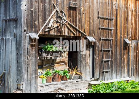 Bad Goisern am Hallstättersee, détail de la ferme en bois à Salzkammergut, haute-Autriche, Autriche Banque D'Images