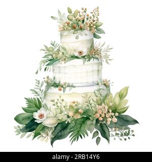 Illustration de gâteau de mariage aquarelle sur fond blanc pour la conception de célébration. Conception de voeux d'anniversaire. Art peint à la main Banque D'Images