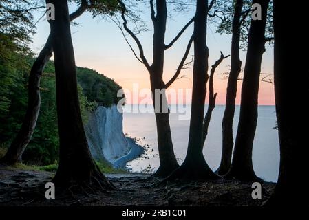 Lever de soleil au Wissower Klinken, falaises de craie dans le parc national de Jasmund, île de Rügen, Sassnitz, Mecklembourg-Poméranie occidentale, Allemagne Banque D'Images